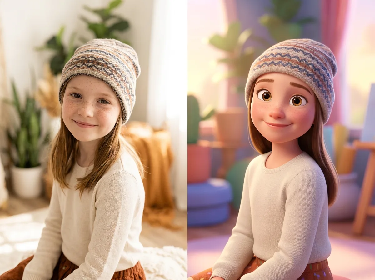 Photo to Pixar style conversion — before and after Pixar 3D cartoon transformation