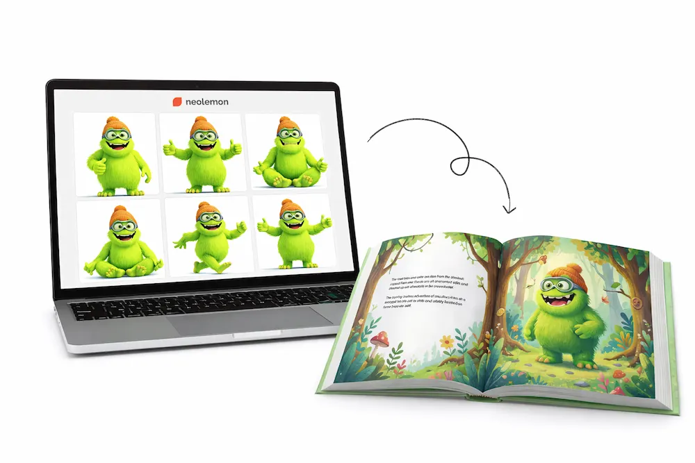 Consistent AI character across illustrations and a printed children's book